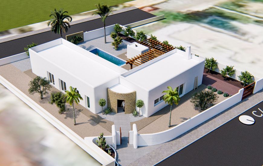 Aerial view of the Ibizan-style villa featuring a white facade, central pool, and wooden pergola. The design includes a stone-clad entrance and landscaped garden with palms.