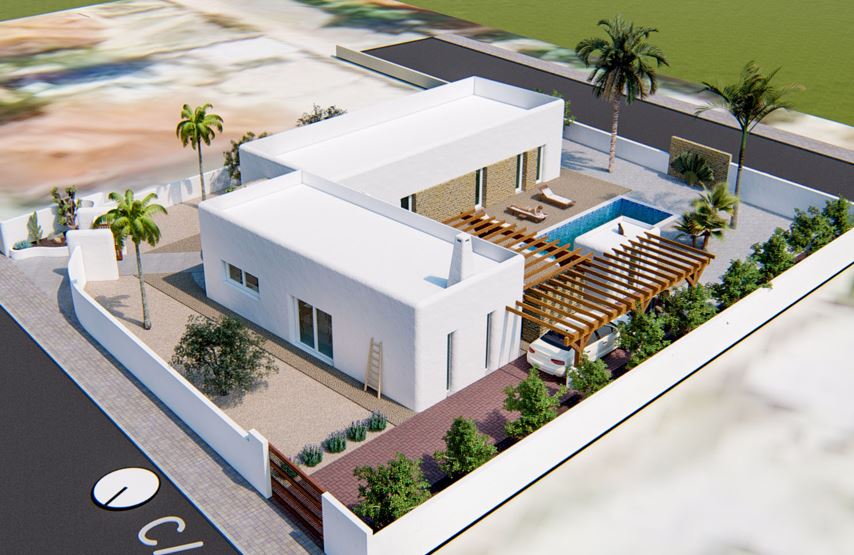 Aerial view of the Ibizan-style villa featuring a white facade, private pool, wooden pergolas, and a landscaped Mediterranean garden.
