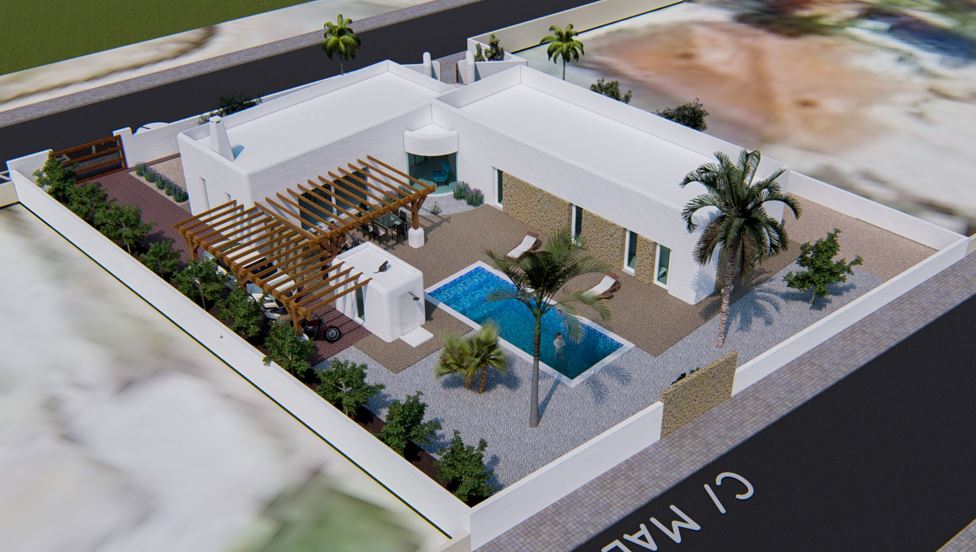 Aerial view of the Ibizan-style villa featuring white facades, stone accents, a rectangular pool, and wooden pergolas within a private walled plot.