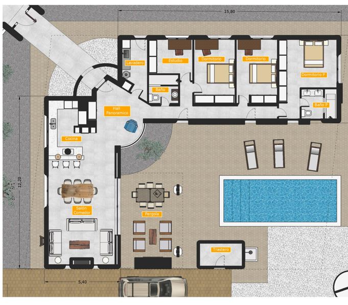 Architectural floor plan showing the L-shaped villa layout with three bedrooms, a studio, and a seamless transition from the living area to the pool terrace.