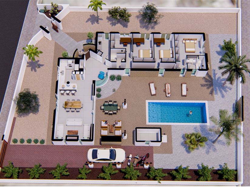 Detailed 3D floor plan illustrating the villa's layout, featuring an open-plan living area, three bedrooms, a private pool with terrace, and on-site parking.