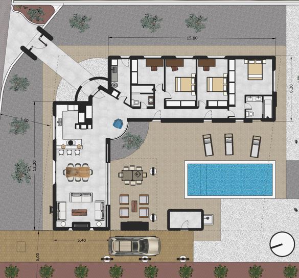 Detailed floor plan illustrating the villa's L-shaped layout, featuring three bedrooms, an open-plan living area, outdoor pool, and integrated parking space.