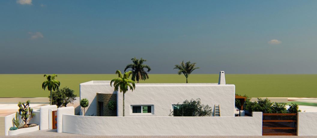 Exterior facade of an Ibizan-style villa featuring white textured walls, a curved stone accent, wooden gates, and integrated palm trees under a clear sky.