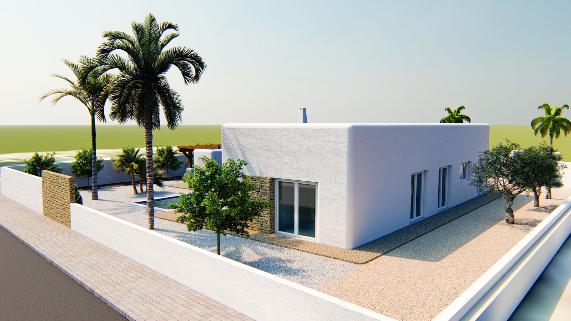 Exterior view of the Ibizan-style villa featuring a textured white facade, natural stone accents, and a Mediterranean garden with palms and olive trees.
