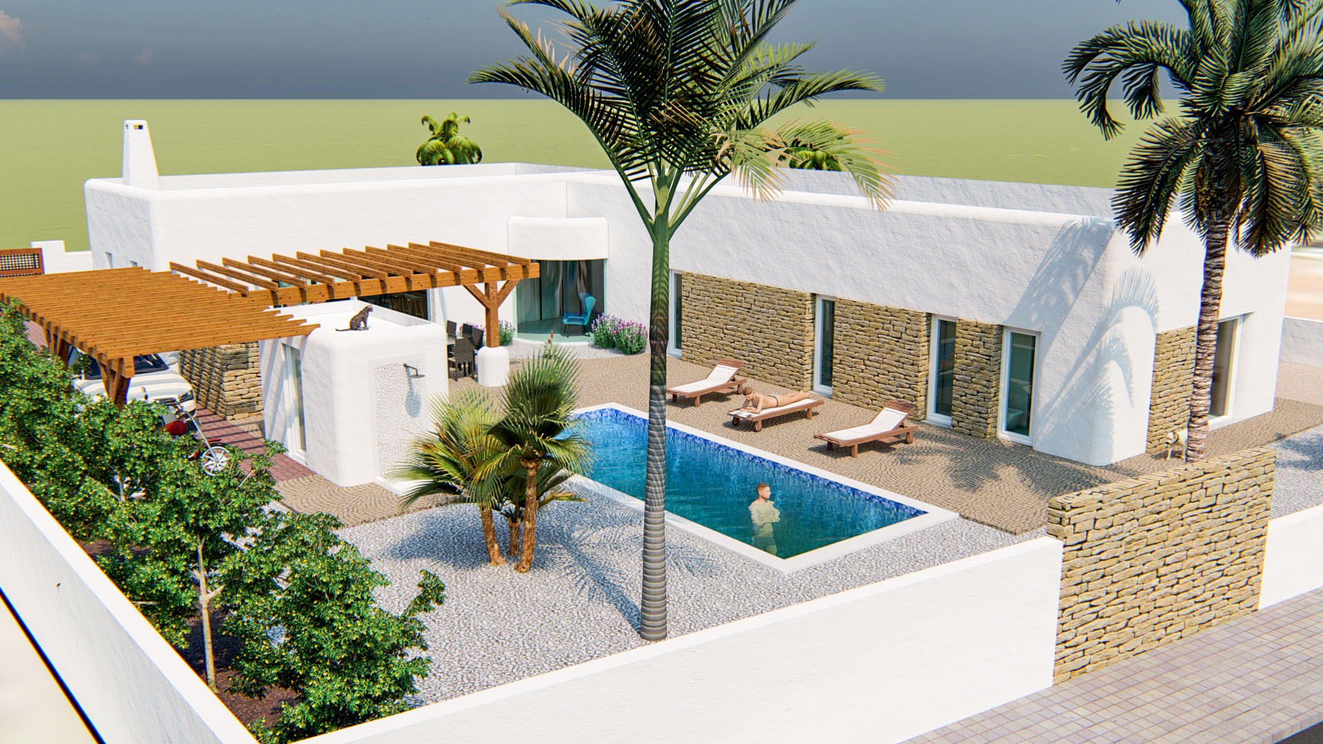 Exterior view of the villa featuring a rectangular pool, stone terrace, and wooden pergola. The white facade incorporates natural stone walls and palm trees.