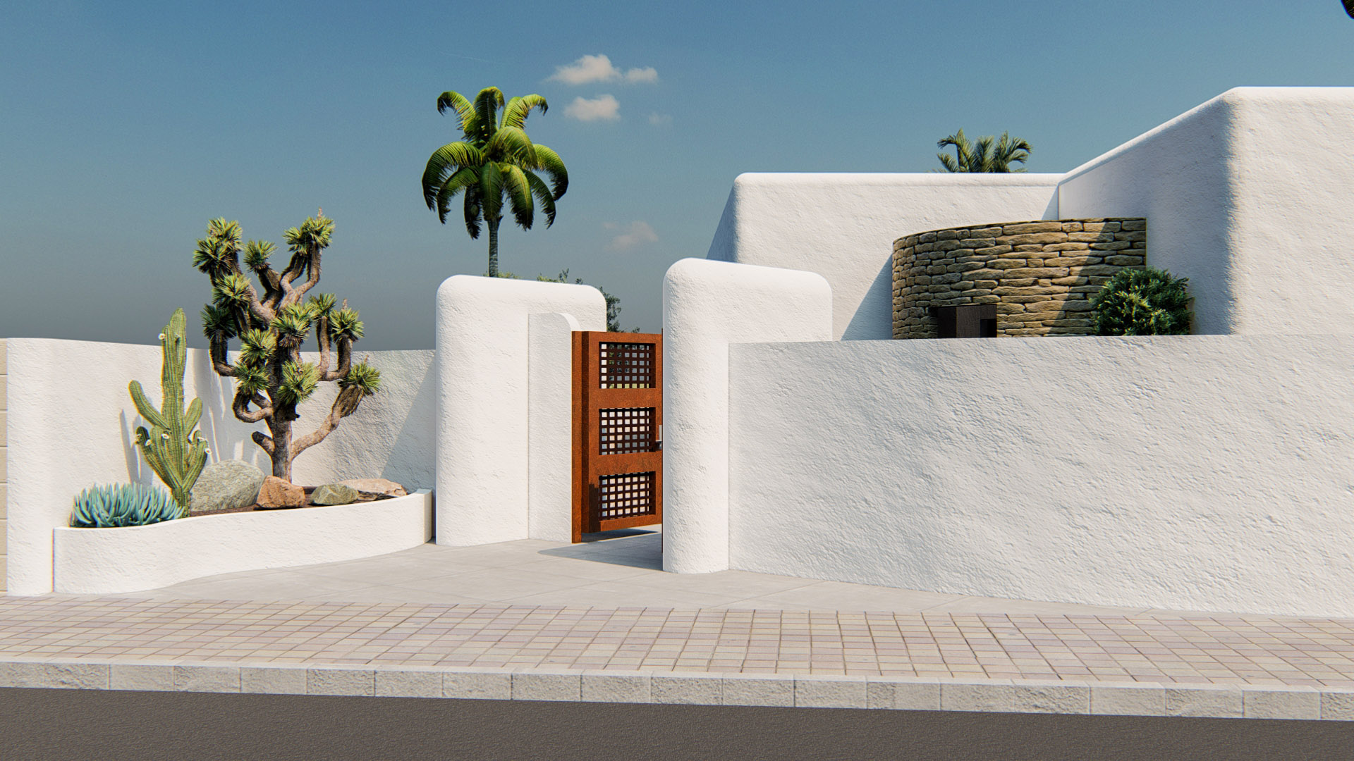 Ibizan-style exterior featuring rounded white walls, a wooden grid gate, and natural stone accents, framed by a xeriscaped garden with cacti and palms.