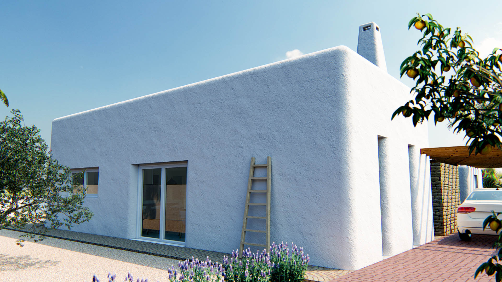 Ibizan-style exterior featuring textured white lime-wash walls, rounded corners, a decorative wooden ladder, and Mediterranean landscaping with lavender.