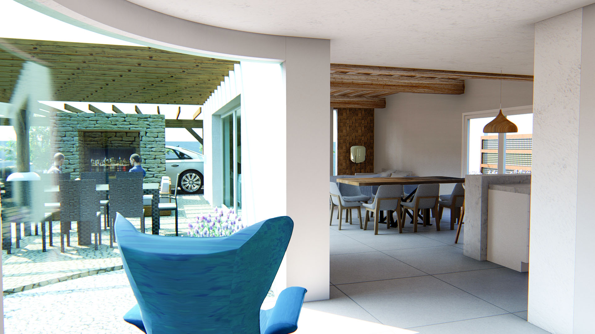 Interior view of the dining area featuring wooden ceiling beams, connected to an outdoor patio with a stone fireplace and timber pergola.