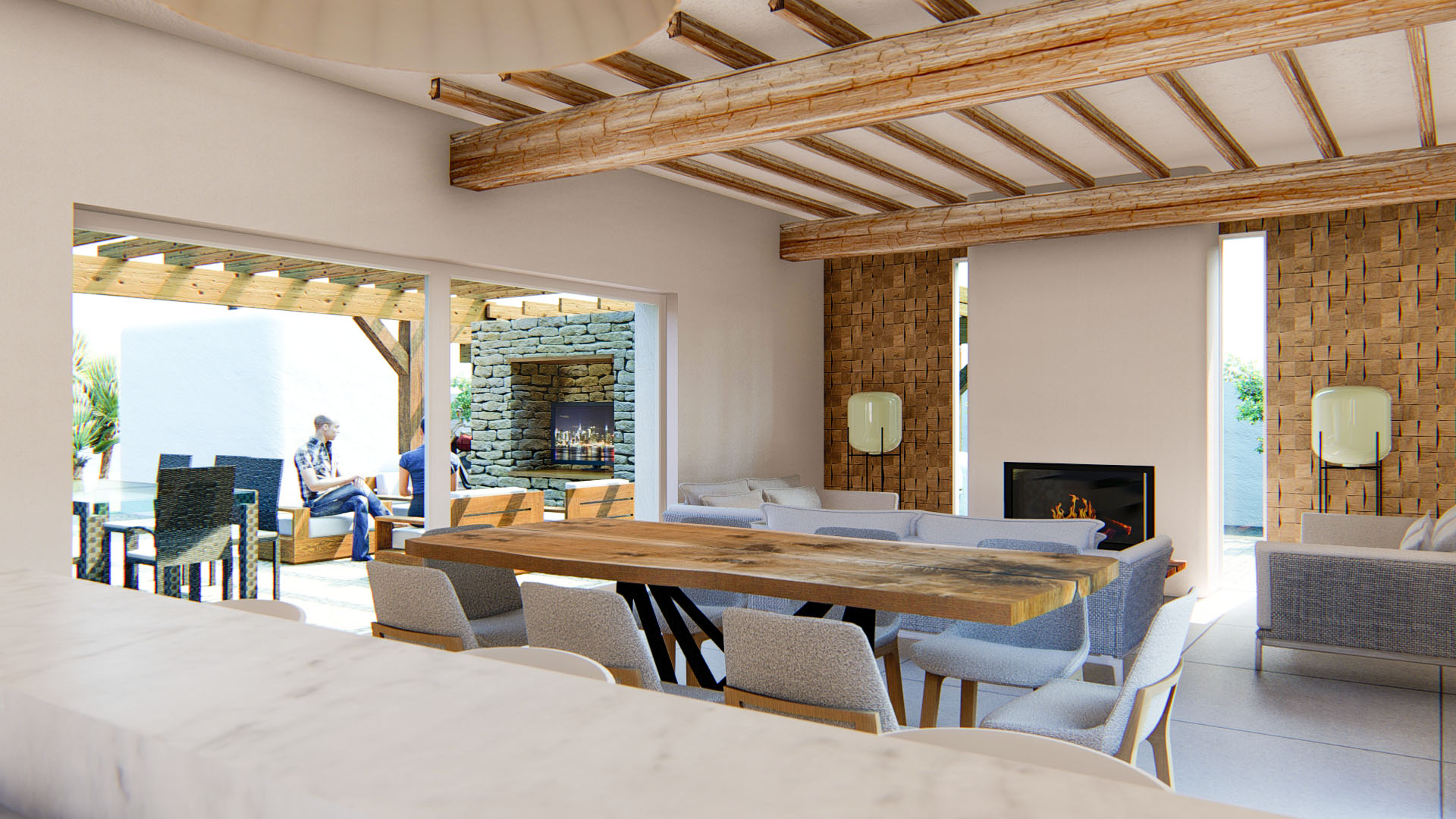 Open-concept living and dining area featuring exposed wooden ceiling beams, a modern fireplace, and textured wood panels. Large glass doors integrate the interior with the terrace.