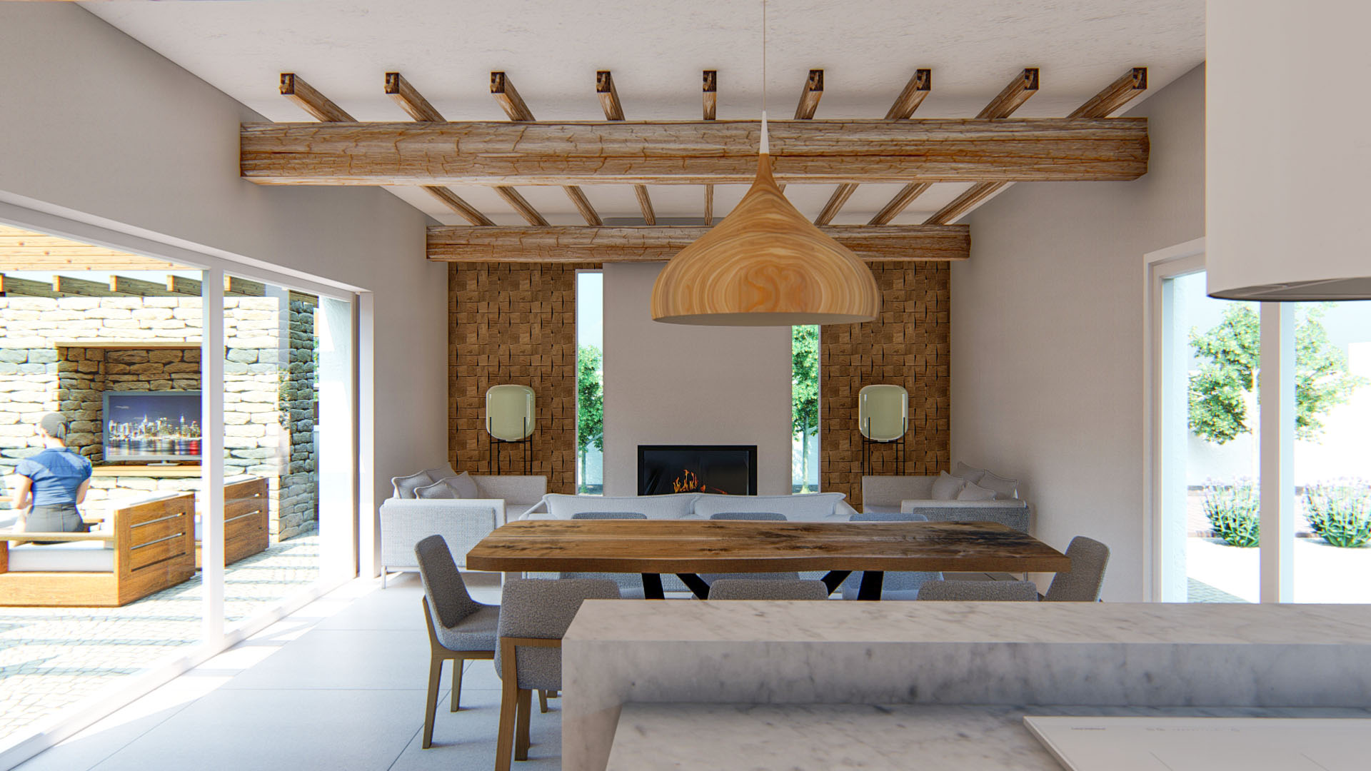 Open-plan living area featuring exposed wooden beams, a central fireplace, and textured wood wall panels. Large sliding glass doors open to a stone-walled terrace and pergola.