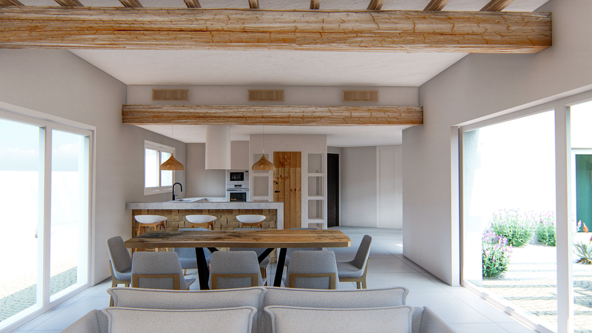 Open-plan living area featuring exposed wooden ceiling beams, a rustic dining table, and a modern kitchen island with integrated appliances.