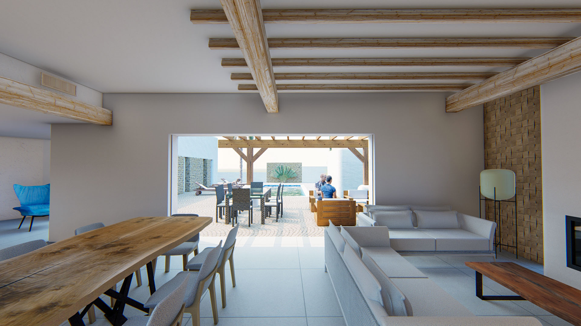 Open-plan living area featuring exposed wooden ceiling beams and a large pocket door opening onto a shaded terrace with a pool view.