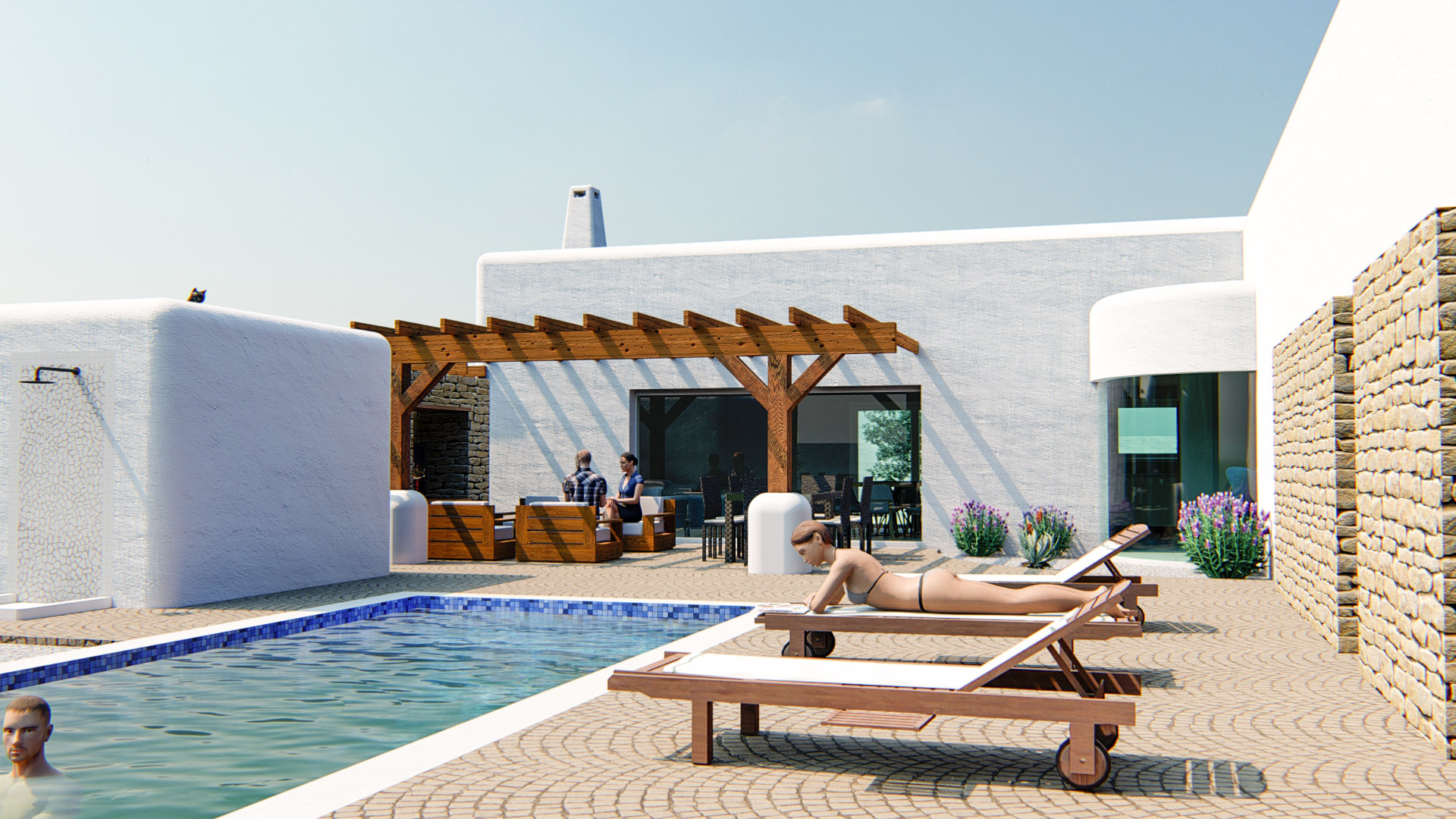 Outdoor terrace featuring a blue mosaic pool, wooden pergola, and stone-paved sun deck. The Ibizan-style architecture includes white textured walls and natural stone accents.