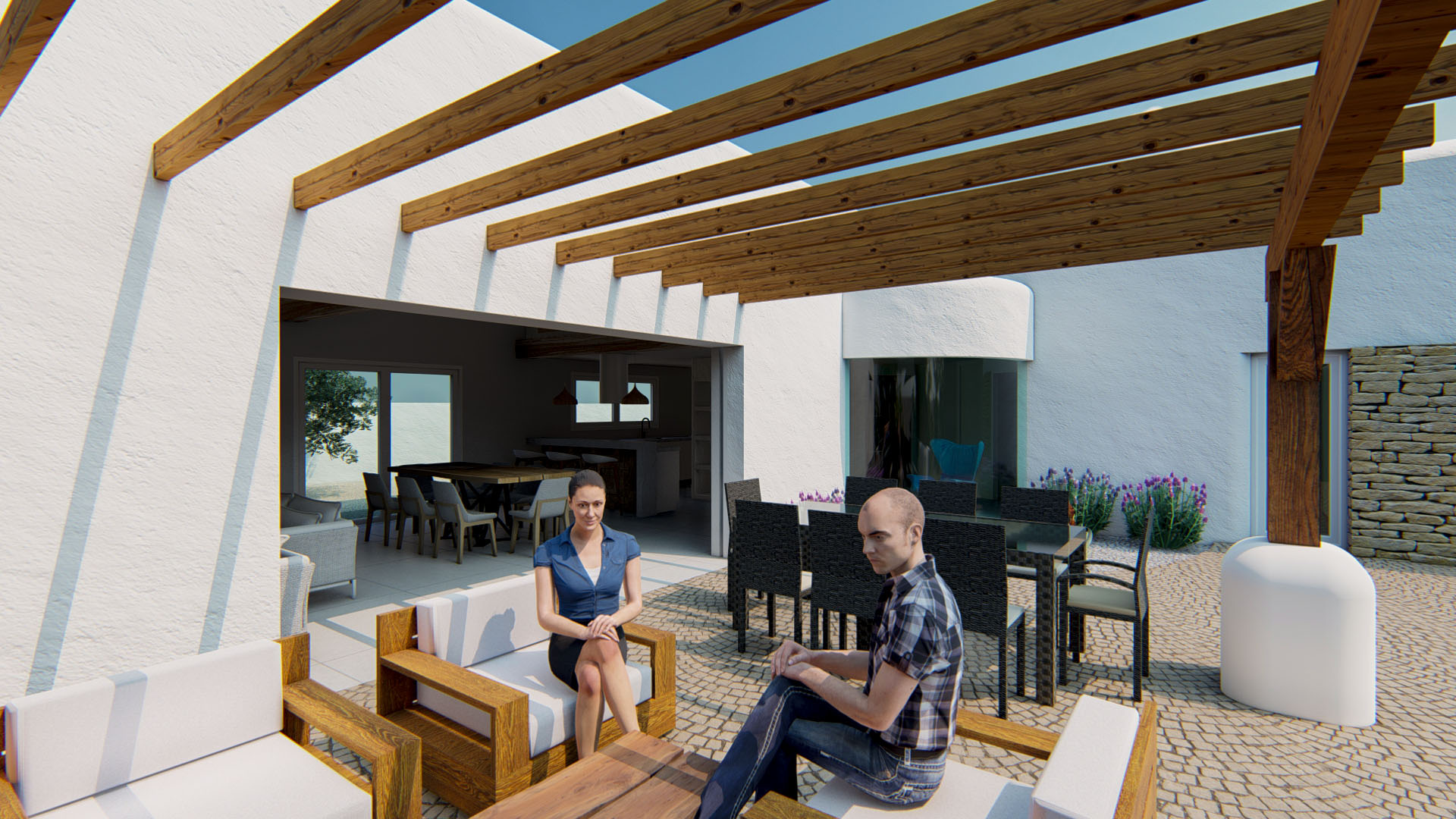 Outdoor terrace featuring a wooden beam pergola, lounge seating with timber frames, and an al fresco dining area on cobblestone paving connected to the interior.