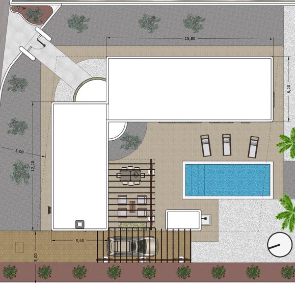 Technical site plan detailing the rectangular pool, outdoor lounge areas under pergolas, parking zone, and specific building dimensions.