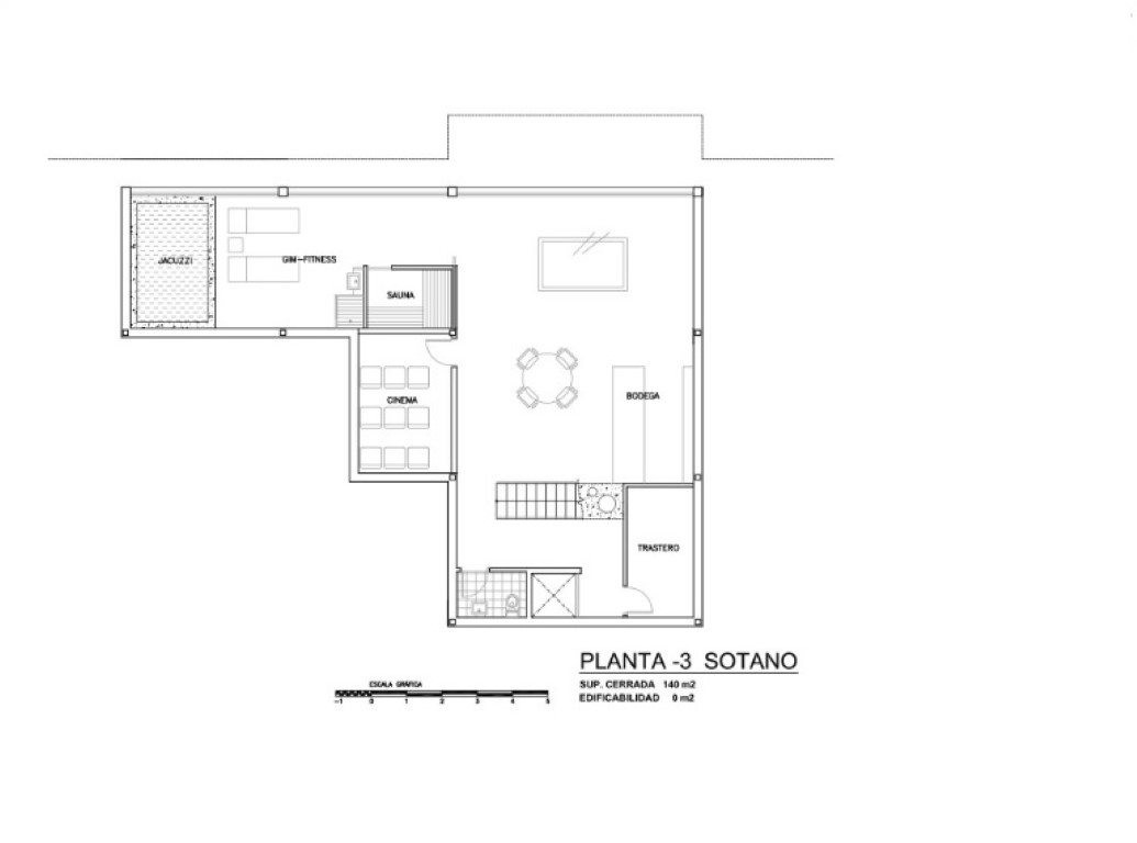 Detailed floor plan of basement level -3, showing a wellness area with sauna, jacuzzi, and gym, alongside a private cinema, wine cellar, and storage.
