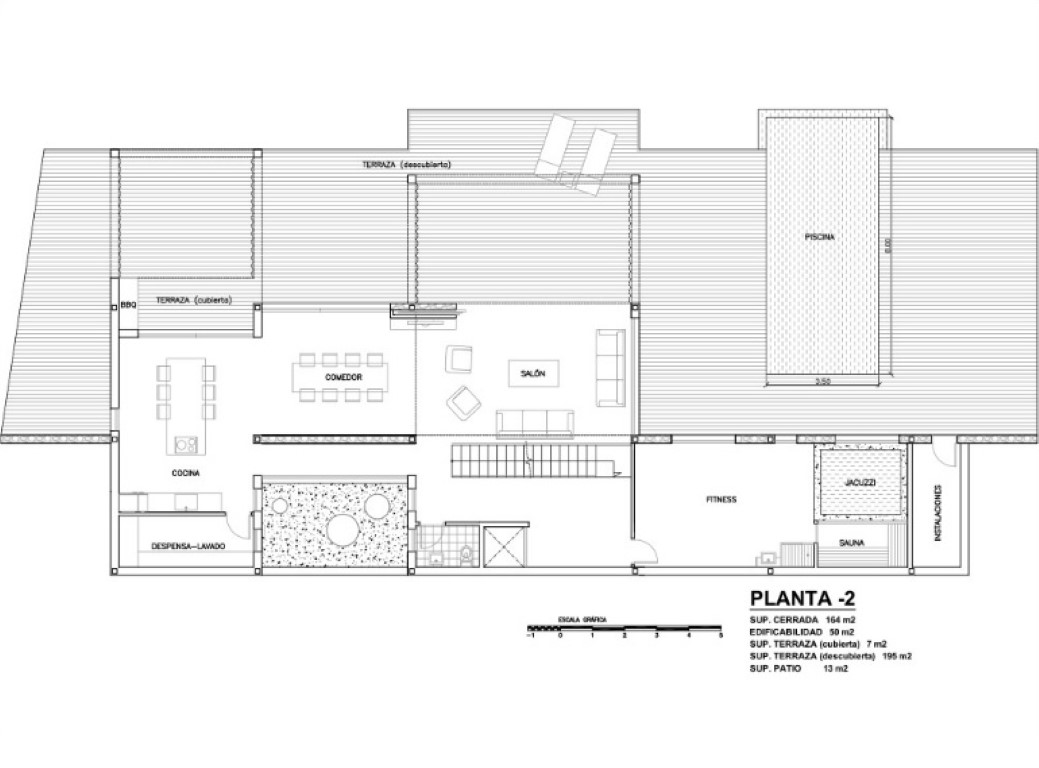 Detailed floor plan of level -2 featuring an open-plan kitchen, living-dining area, fitness zone with sauna, and a vast terrace with a swimming pool and BBQ area.