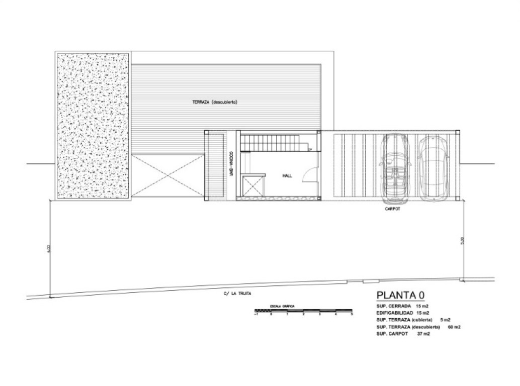 Technical floor plan of Level 0 featuring a double carport, entrance hall, outdoor bar area, and an expansive 60 sqm open terrace.