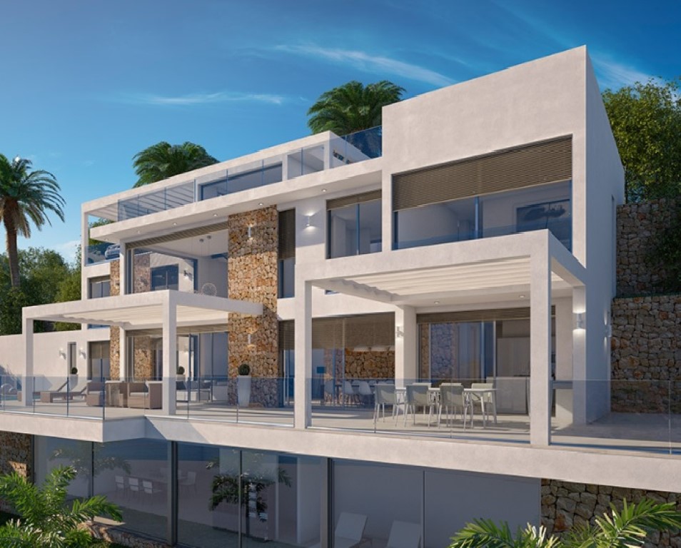 Three-story modern villa exterior featuring natural stone walls, white pergolas, glass balustrades, and expansive sliding doors opening onto multiple terrace levels.