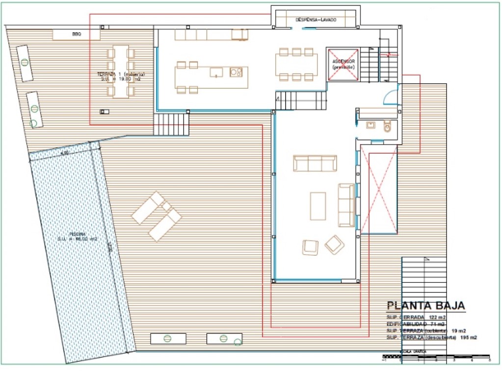 Detailed floor plan of the main level featuring an open-plan living area, kitchen with island, and a vast terrace with a swimming pool and BBQ.