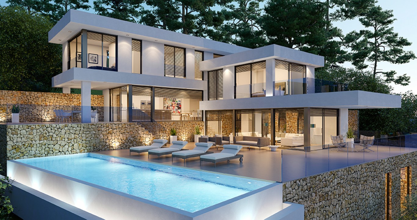 Modern villa exterior featuring an illuminated infinity pool, dry stone walls, and expansive terraces with glass railings integrated into the pine forest landscape.