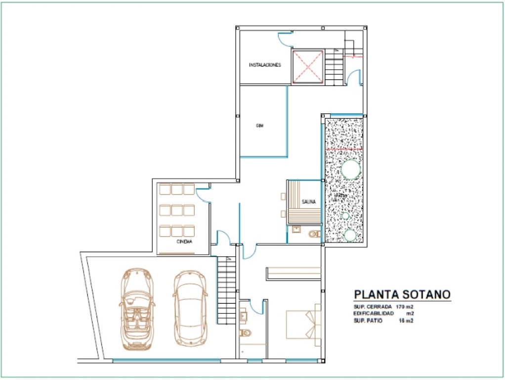 Technical floor plan of the basement level illustrating the layout for the double garage, cinema, gym, sauna, and an en-suite bedroom.