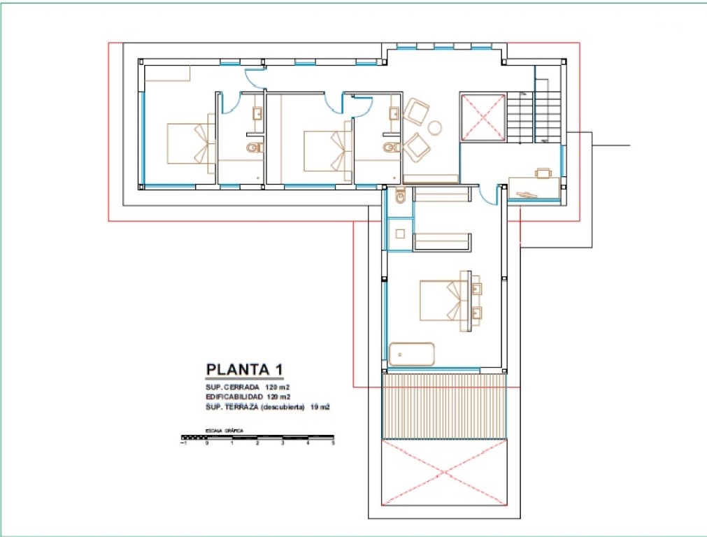 Technical floor plan of the first level showing the layout of three en-suite bedrooms, a study nook, and the upper terrace access.