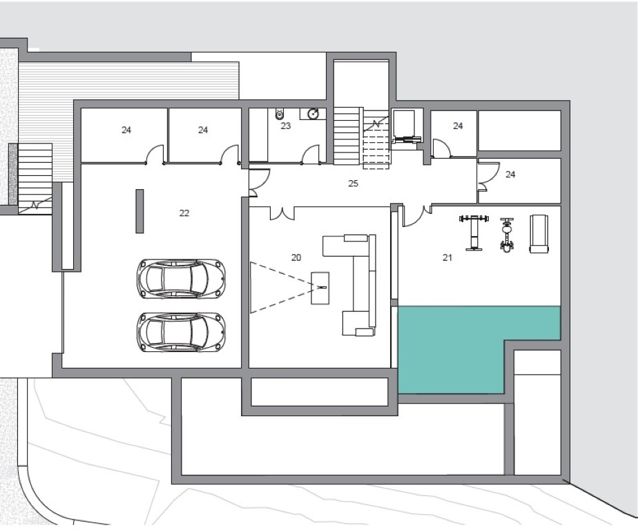 Detailed floor plan of the lower level featuring a double garage, home cinema, gym with an integrated pool area, and multiple storage rooms.