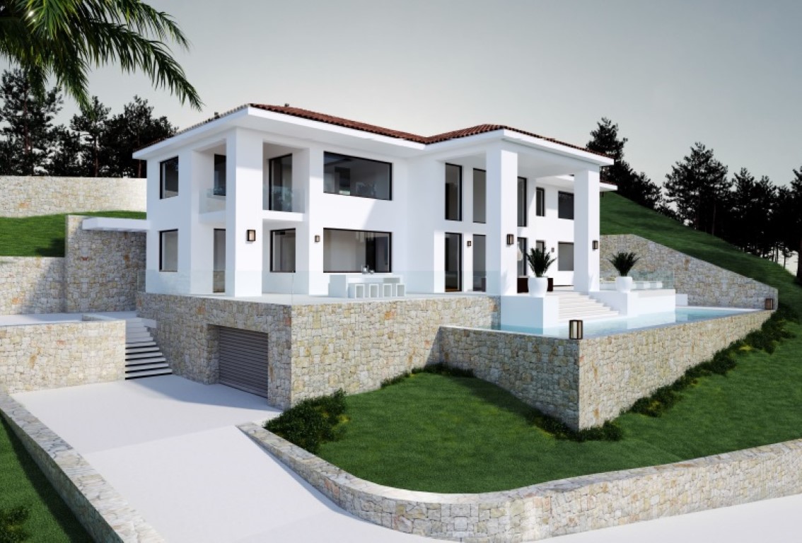 Exterior view of the modern villa featuring a white facade, natural stone walls, an infinity pool, and glass-railed terraces set against a landscaped hillside.