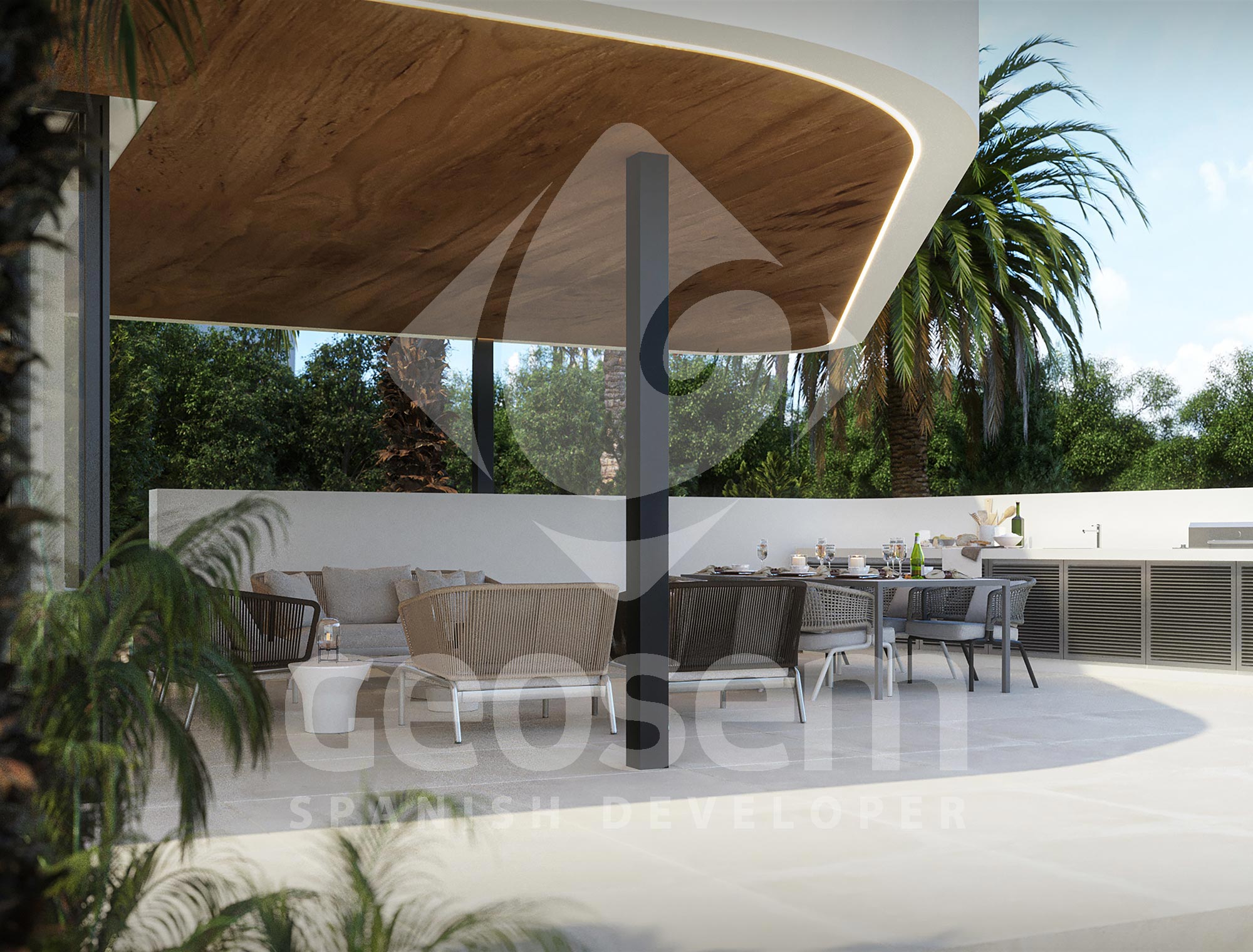 Covered terrace featuring a wood-paneled ceiling with integrated LED lighting, an outdoor lounge, and a dining area adjacent to the summer kitchen.