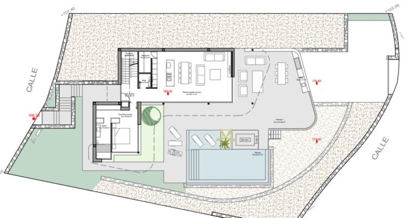 Detailed ground floor plan illustrating the open-plan living area, master suite, and expansive terrace featuring an infinity pool and outdoor kitchen.