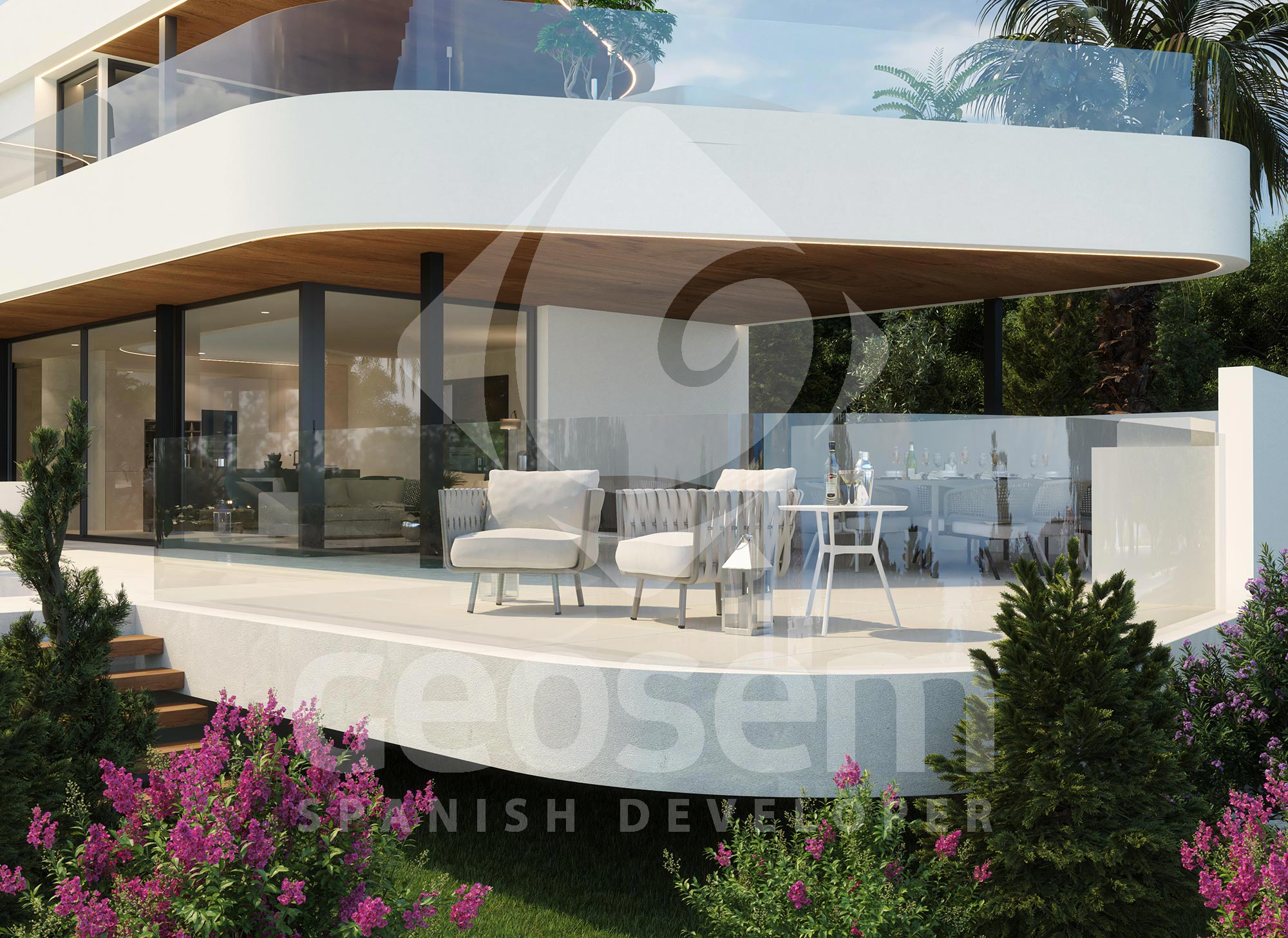 Exterior terrace featuring curved architectural lines, glass balustrades, and wood-paneled soffits with LED lighting. Includes lounge seating and landscaped garden borders.