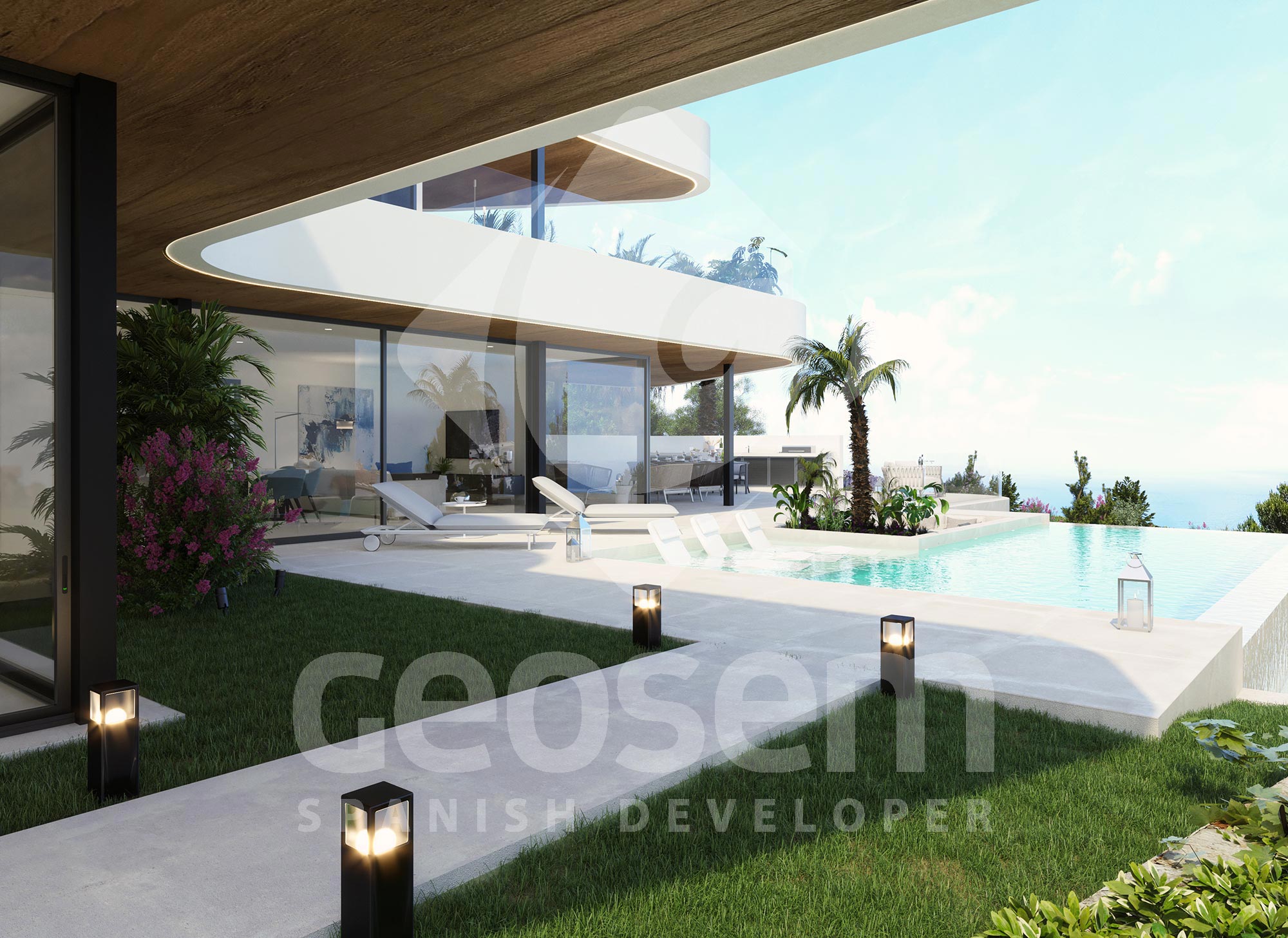 Main terrace featuring an infinity pool with a shallow area, sun loungers, and wood-paneled ceilings. Includes designer outdoor lighting and panoramic sea views.