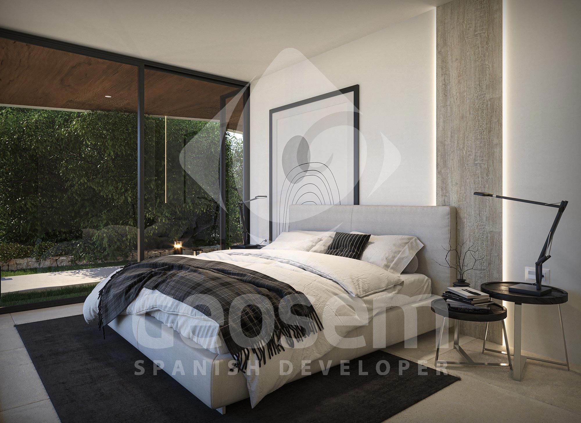Modern bedroom featuring floor-to-ceiling glass doors with terrace access, minimalist decor, and a textured accent wall with integrated LED lighting.