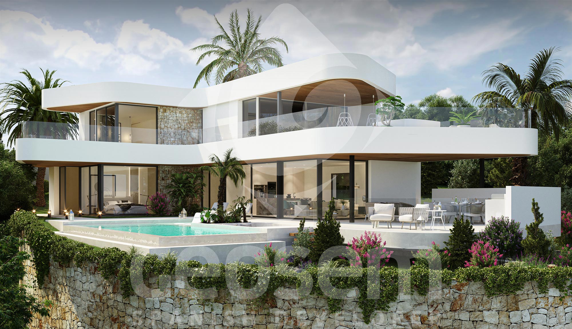 Modern villa featuring curved white architecture, natural stone walls, an infinity pool, and expansive terraces with wood-paneled ceilings and glass railings.