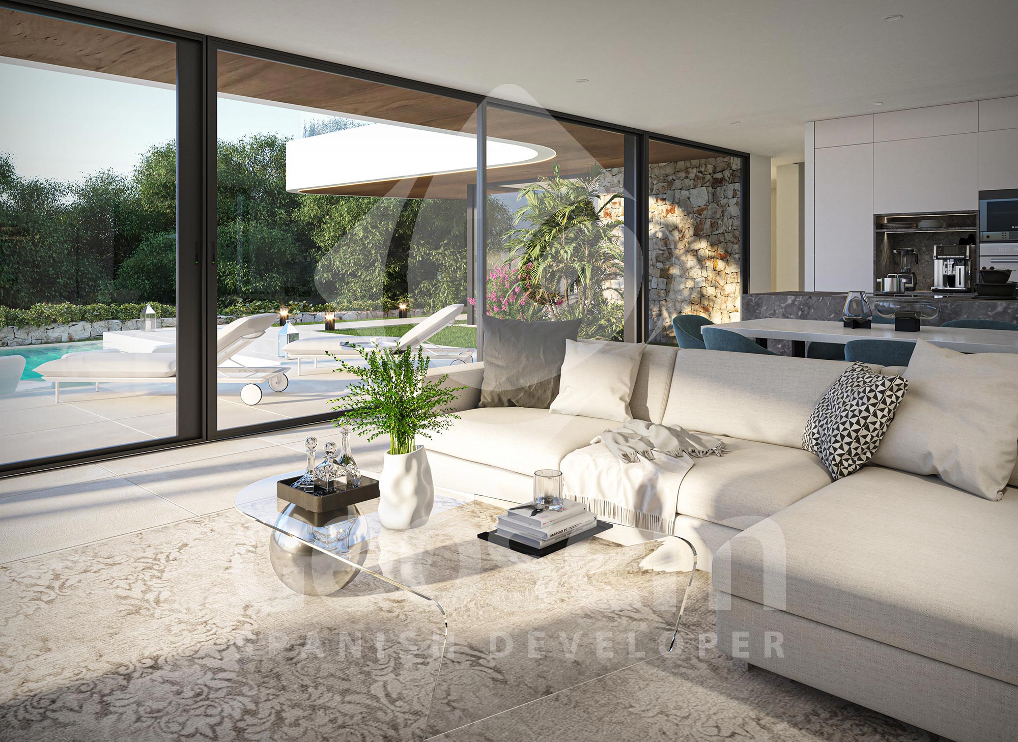 Open-concept living area featuring a large sectional sofa, glass coffee table, and floor-to-ceiling windows overlooking the terrace, pool, and garden.