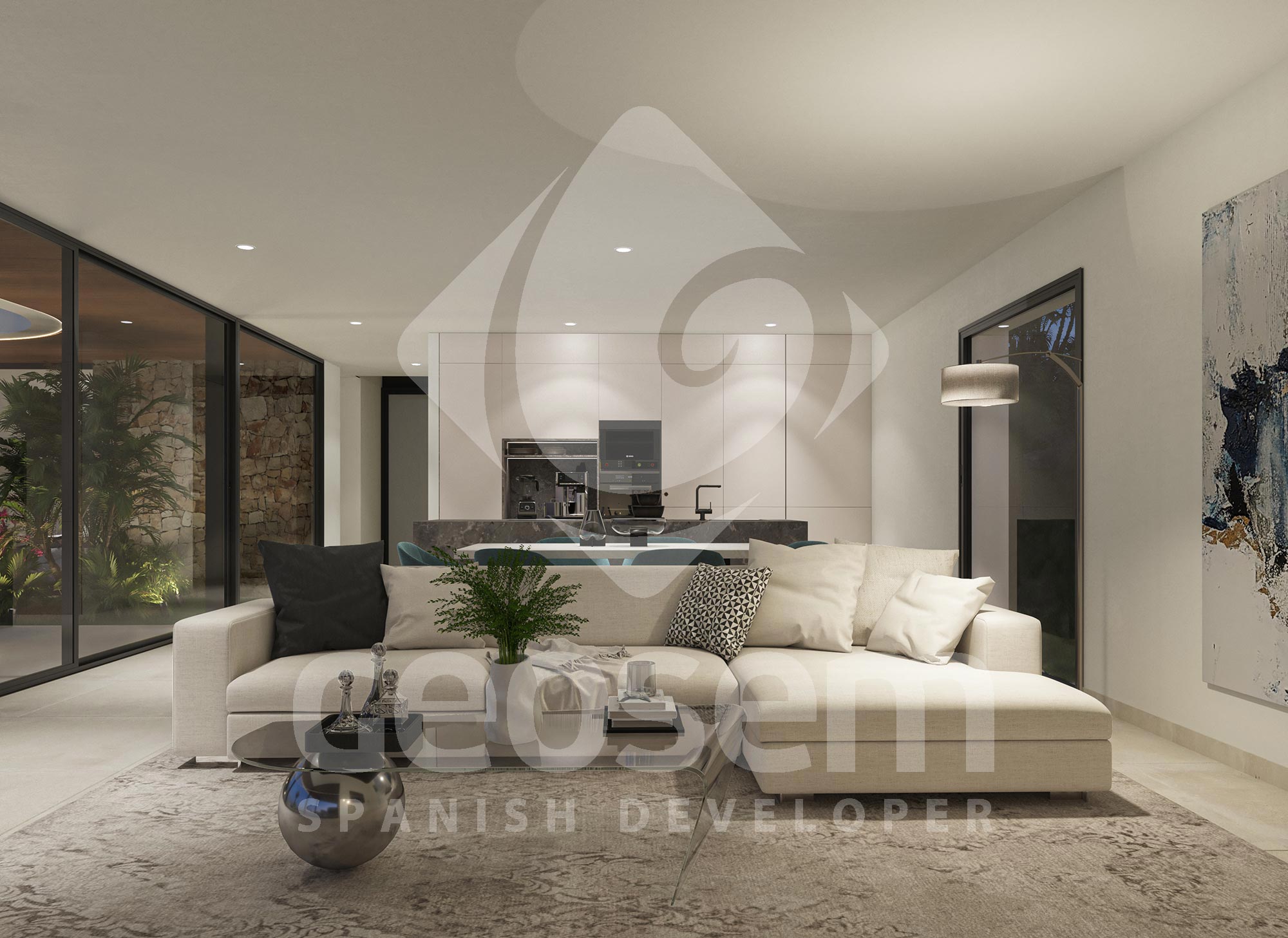 Open-plan living room with a cream modular sofa and glass coffee table. The background features an integrated kitchen with a dark stone island and floor-to-ceiling windows.