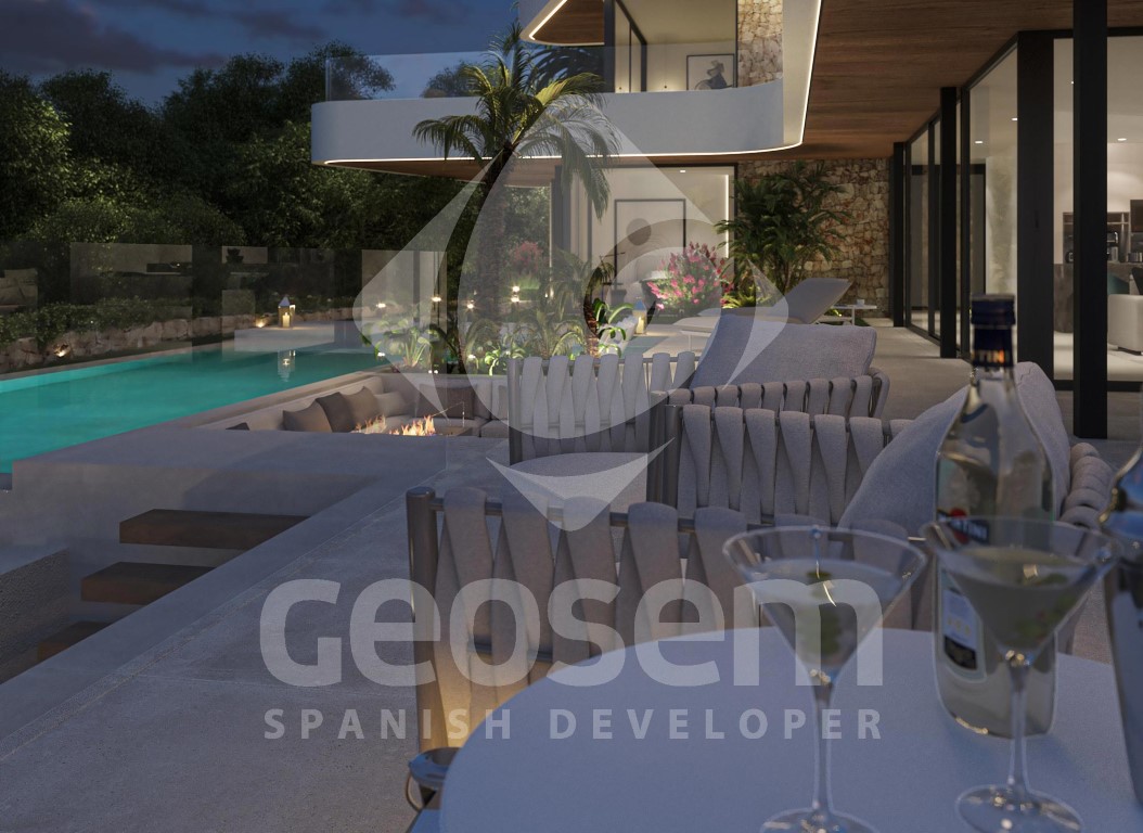 Outdoor terrace at dusk featuring a sunken fire pit lounge, infinity pool, and modern architecture with integrated LED lighting and stone wall details.