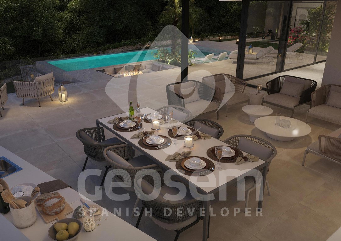 Outdoor terrace featuring a dining area, lounge seating, and summer kitchen adjacent to an infinity pool with an integrated fire pit.