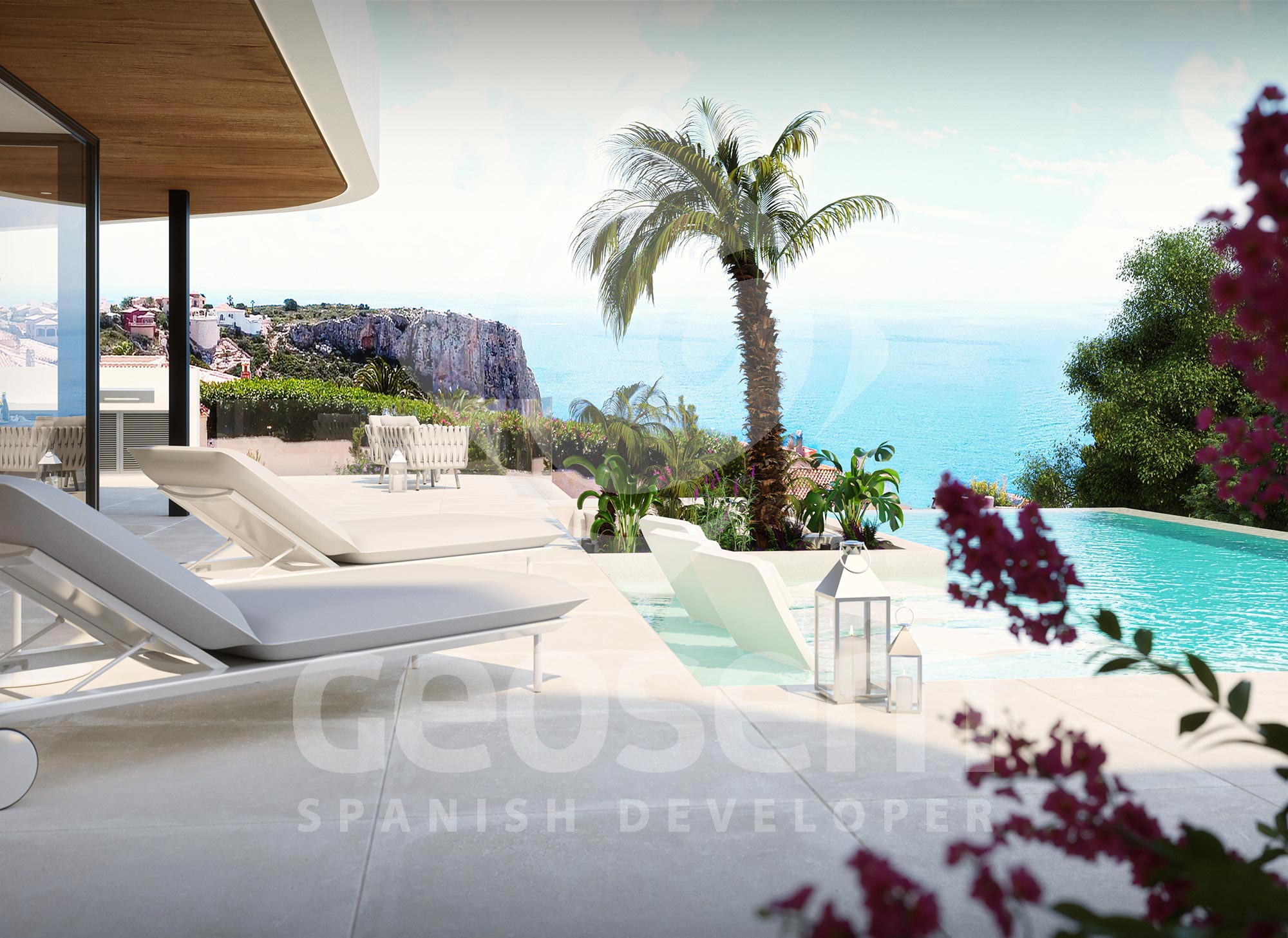 Outdoor terrace featuring an infinity pool, minimalist loungers, and panoramic views of the Mediterranean Sea and coastal cliffs.