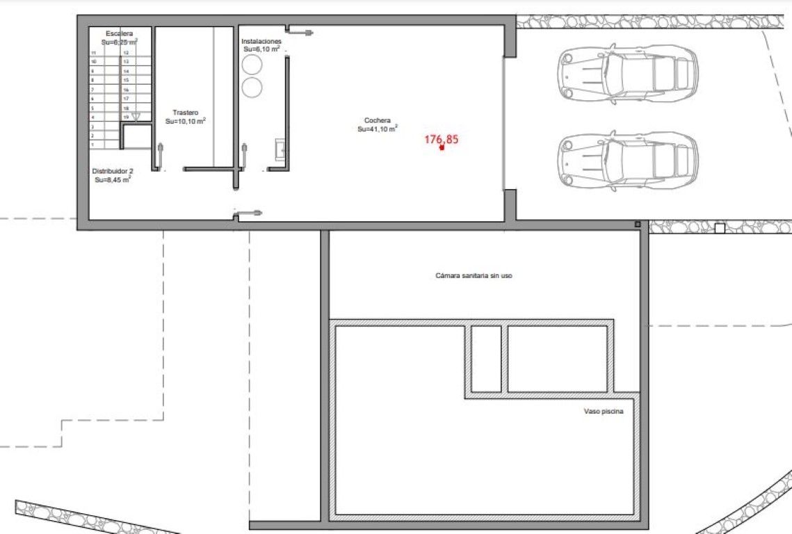 Technical floor plan of the basement level showing a 41 sqm garage, storage room, utility area, and the swimming pool structure.