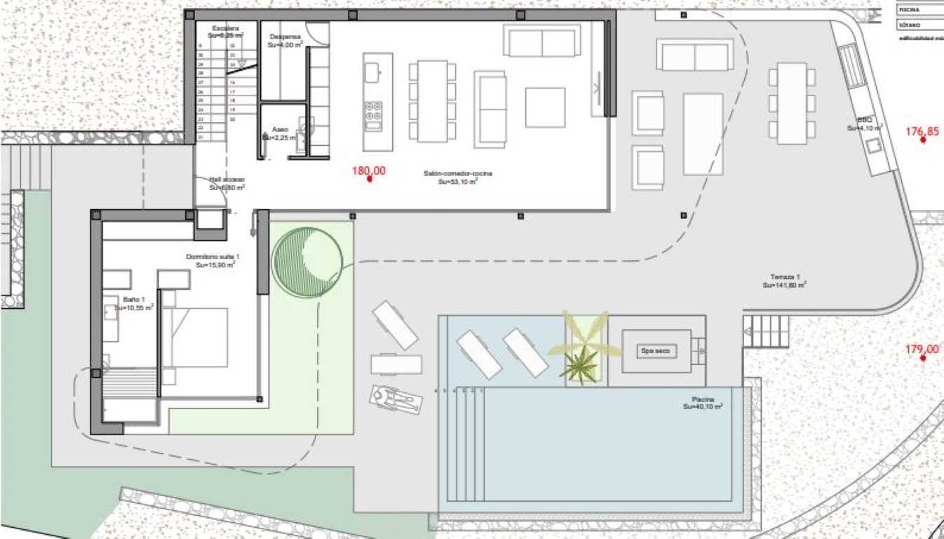 Technical floor plan of the ground floor showing the 53 sqm open-plan living area, master suite, and expansive 141 sqm terrace with an infinity pool and outdoor kitchen.