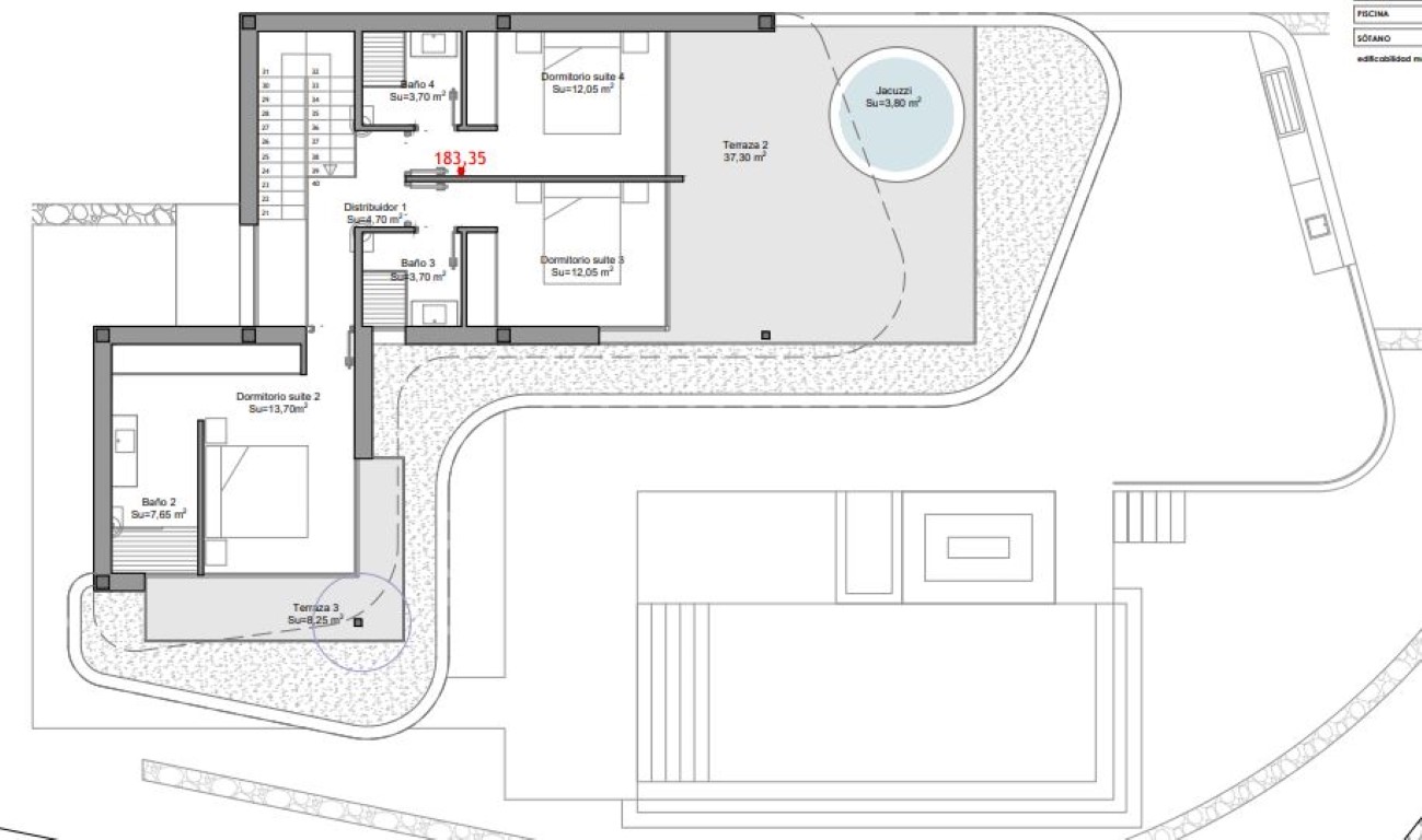 Technical floor plan of the upper level showing three ensuite bedrooms and a large terrace featuring a circular integrated jacuzzi.