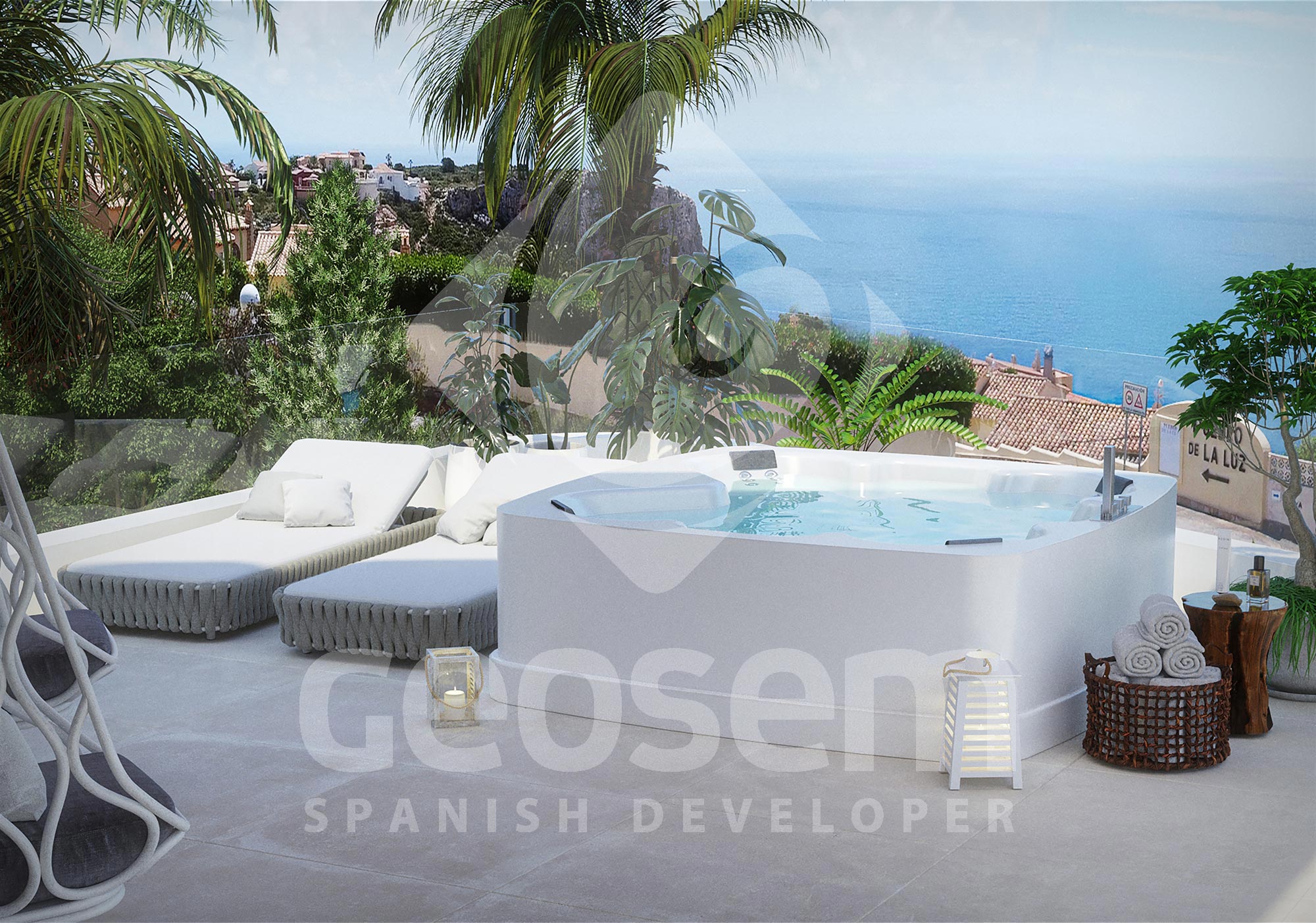 Upper terrace featuring a modern white jacuzzi, designer sun loungers, and glass railings overlooking the Mediterranean Sea and cliffs.