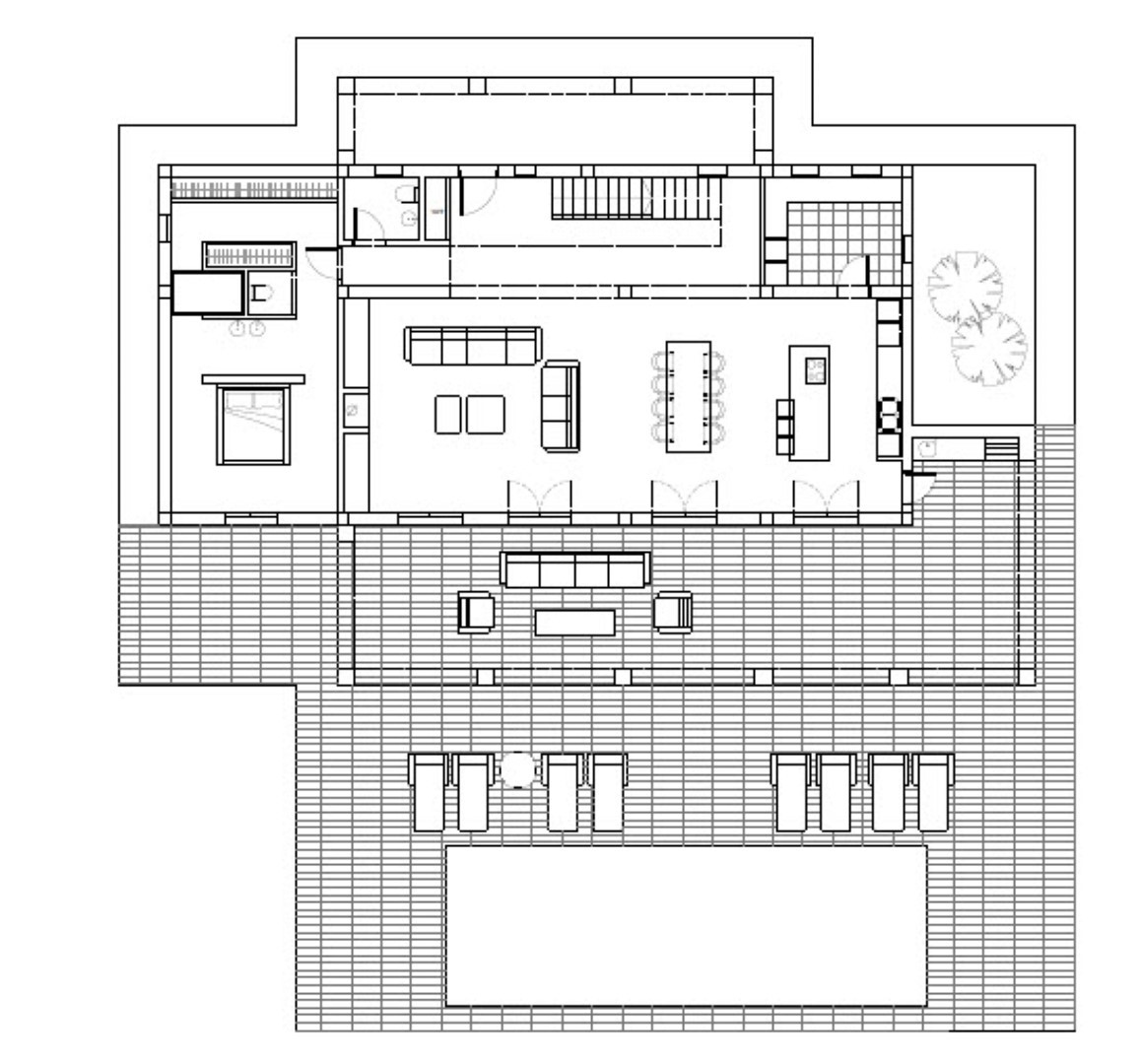 Detailed ground floor plan illustrating the open-concept living area, kitchen with island, master suite, and expansive terrace with a 48m2 swimming pool.