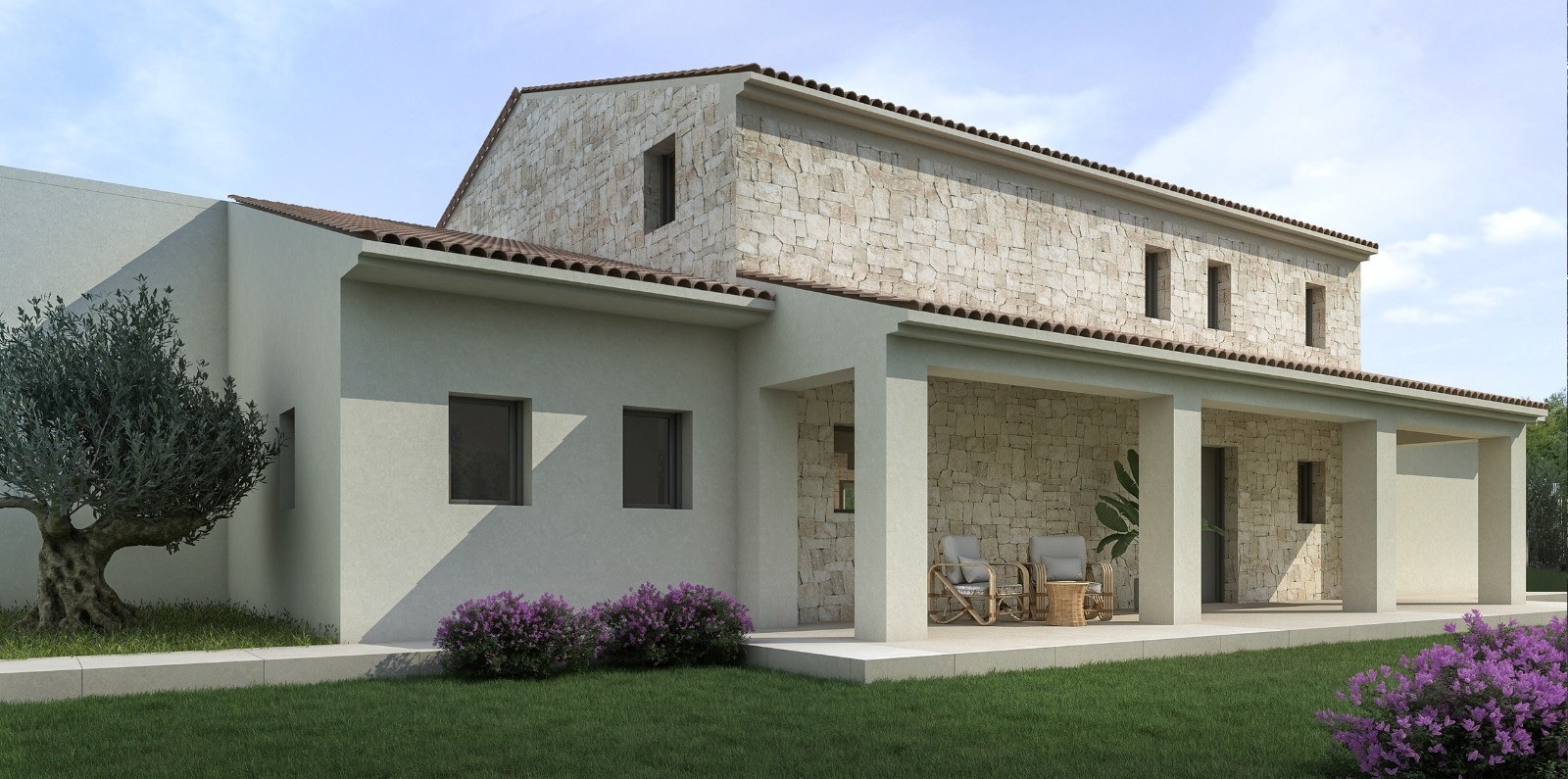 Exterior facade featuring traditional stone cladding, a spacious covered porch with seating, and a landscaped garden with an olive tree.
