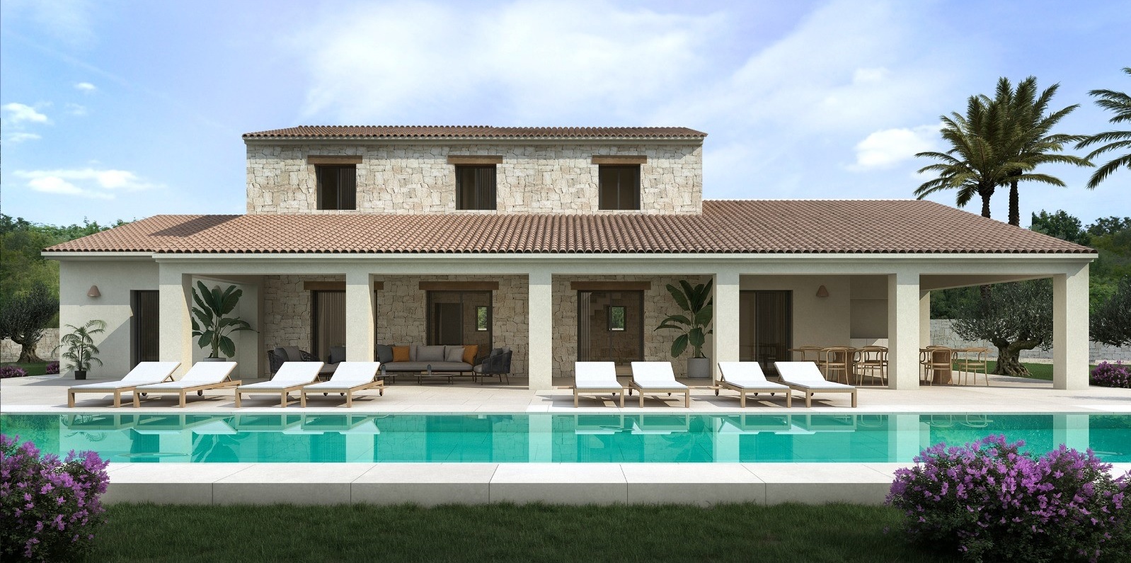 Finca-style villa featuring a natural stone facade, a 48m2 swimming pool, and a spacious covered terrace with lounge and dining areas.