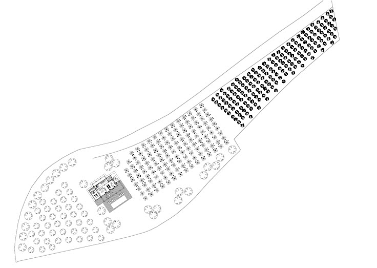 Site plan illustrating the villa's footprint, private pool, and the vast landscaped grounds with an extensive orchard on a large plot.