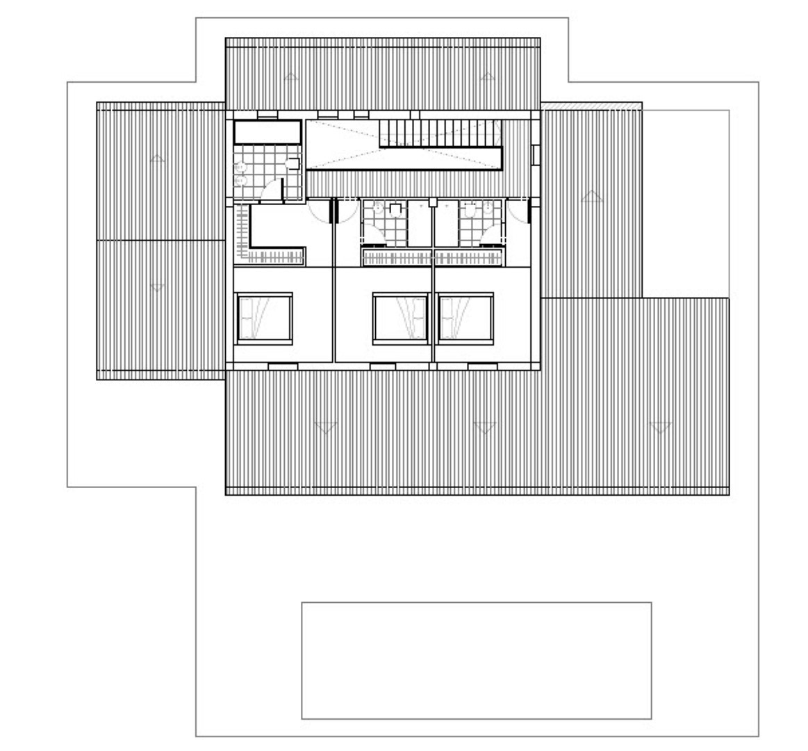 Technical floor plan of the upper level detailing the layout of three bedrooms with en-suite bathrooms, including a master suite with a walk-in closet and staircase access.