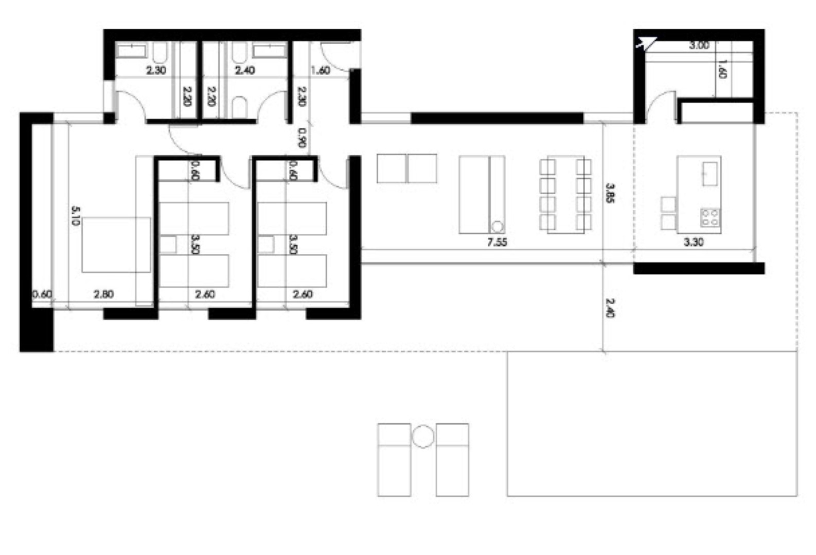 Detailed architectural floor plan showing the layout of three bedrooms, open-plan living area, and the exterior terrace with swimming pool dimensions.